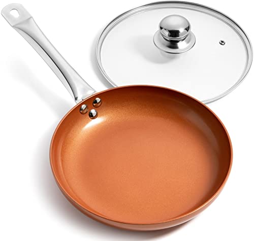 Razab Copper Pan Nonstick with Lid Copper Pan - 8 inch Cookware Non-stick Frying Pan Ceramic Coating Stockpot, Cooking Pot, Copper Aluminum Pan with Lid, Gas Induction Compatible