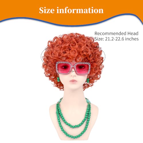 Image of Women Roper Curly Orange Red Cosplay Wig with Necklace Earrings and Sunglasses for Women Hallween Costume Wig