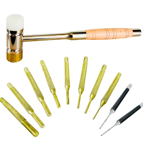 JEWEL TOOL 13 Piece Pin Punch and Drive Set with Brass and Nylon Head Hammer | Great for Jewelry Making, Metal Working