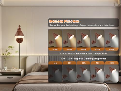 Image of GOODATE 1 Pack Plug in Wall Sconce with Remote Control, Dimming, Adjustable Colors 2700K-6500K, Plug in Wall Light, Swing Arm Wall Lamp with Night Light & Timer, LED Bulb Included, Walnut Finish