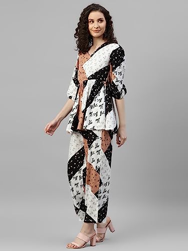 Image of DEEBACO Women's Patch Print Rayon Flared Tunic & Pants Co-Ord Set for Women V-Neck & 3 /4 Puff Sleeve Ladies Party Casual Wear Fashionable for Girls Relaxed Fit Cord Set (DBCOMR00000885 XS Multicolor)