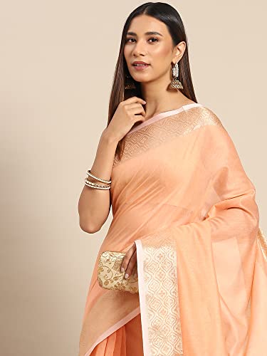 Image of AKHILAM Women's Floral Linen Blend Woven Design Saree With Unstitched Blouse Piece (Peach AA02SDZ6103)