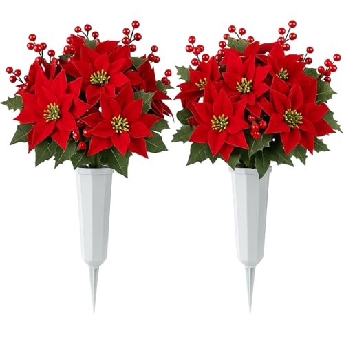 Thiccywoov 2 Sets Christmas Poinsettias Artificial Cemetery Flowers with Vase for Grave Christmas Velvet Red Poinsettias Berry Bouquet Graveyard Memorial Flowers for Xmas Headstones Cemetery Decor
