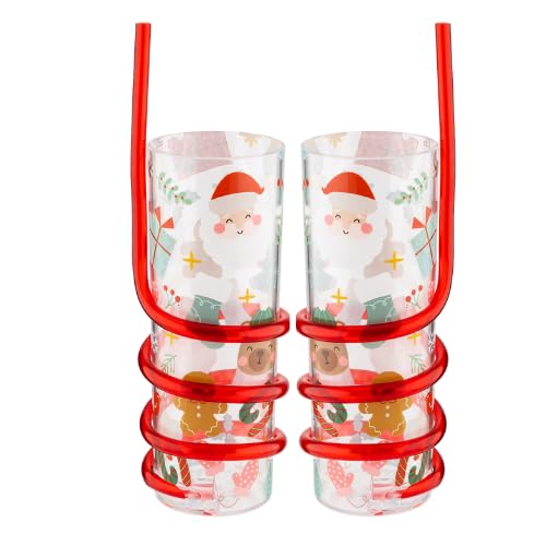 FabFinds Kids Drinks Cup with Curly Straw Reusable Drinks Cup 2 Pack (Xmas)