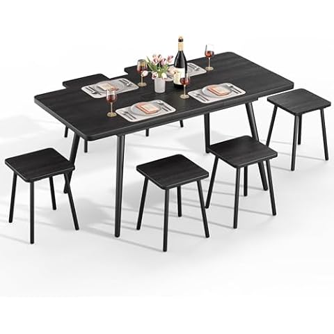 Qsun 7-Piece 63" Large Dining Table Set for 4-6 People, Extendable Kitchen Table Set with 6 Chairs, Dining Room Table with Round Corner for Small Space, Children Protective Design, Black Cover