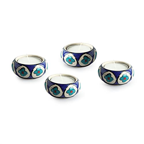 Image of ExclusiveLane Ceramic Tea Light Candle Holder for Home Decoration | 'Mughal Floral' Hand-Painted Tealight Candle Stand for Puja & Living Room (Set of 4, Blue)