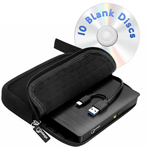 External DVD Drive USB 3.0 TYPE C Portable CD/DVD +/-RW Disk Drive DVD Player for Laptop CD/DVD ROM Burner Reader with Protective Carrying Case & 10 Blank Discs for Laptop Desktop Windows Linux Mac