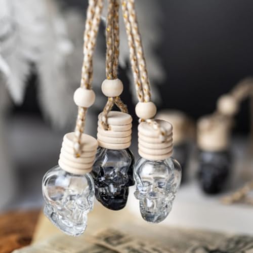 Image of 7 Pcs 8ml Hanging Car Air Freshener Diffuser,Empty Black Gradient Glass Essential Diffuser Oil Aromatherapy Fragrance Perfume Pendant Glass Vials with Wooden Caps (Skull, 8ml)