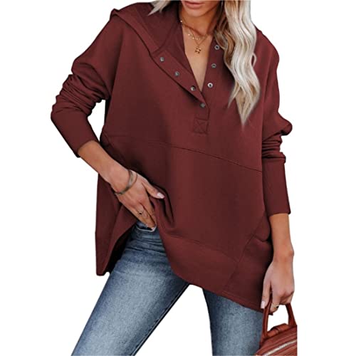 Sudaderas Con Capucha Informales Con Botones Y Cuello Pico Para Mujer Jersey Gran Tamaño Tops Con Capucha Y Bolsillos Jersey Punto Para Primavera Y Otoño Para Mujer ( Color : WINERED , One Size : M ) Cover