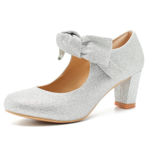 Women's Chunky Mary Janes Bow Pumps Round Toe Block Heels Ankle Strap Dressy Shoes for Wedding Evening Party Cosplay