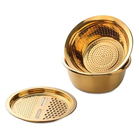 3-In-1 Multifunctional Grater Basin Colander Strainer Set, Mingcheng Stainless Steel Kitchen Grater/Drain Basket/Bottom Basin for Washing Rice, Fruits, Vegetable, Grater with Container (Gold) Cover