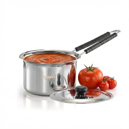 Image of Sumeet ISI Certified HeavyPly Premium Stainless Steel Cross Edge Induction & Gas Stove Friendly Saucepan /Milk Pan /Tea Maker with Lid - 1150ml