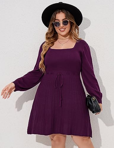 Image of Women's Plus Size Casual Sweater Dress Square Neck Long Lantern Sleeve Tie Waist Loose Pullover Sweater Dresses