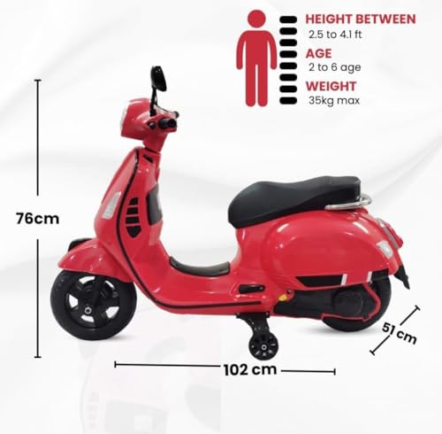Image of Vespa 12V Battery Operated Rechargeable Ride-On Scooter for Kids with Remote | Electric Scooty for Girls & Boys (1-6 Years, Red), Music, Lights, USB, Safety Wheels