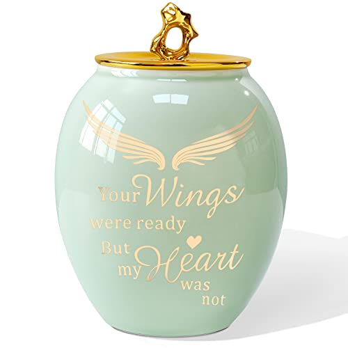 Image of Green Medium Cremation Urn for Human Ashes Adult Male Female | Angel Ceramic Urn for Ashes Men Women Dad Mom,Memorial Urn with Velvet Bag & Funnel - A Perfect Tribute & Gift for Families
