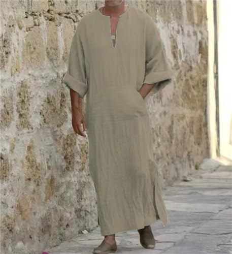 Men's Kaftan Robe Arabic T Shirts Cotton Long Sleeve Thobe V-Neck Linen Robe Casual Side Split Gown Shirt with Pockets2