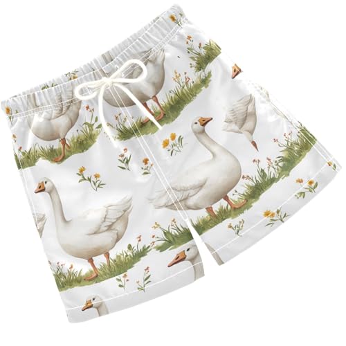 Pigsaly Boys' Swim Board Shorts Spring Flowers Grass White Geese Goose Boy's Swim Trunks Kids Swimwear 5T