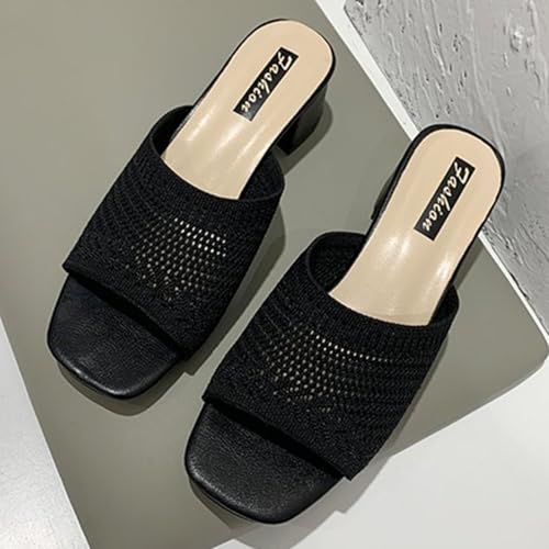 Women's Square Open Toe Knitted Chunky Heel Sandals Summer Hollow Breathable Comfortable Casual Dress Slip On Slides Shoes4