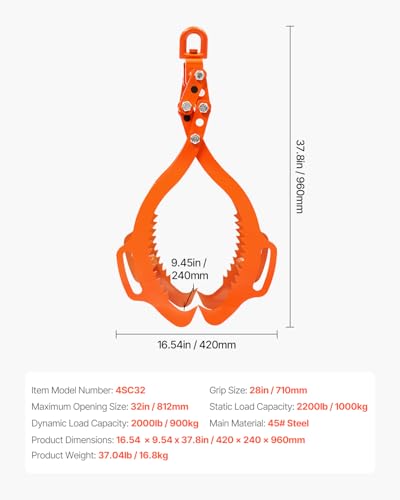 Image of VEVOR Log Lifting Tongs 32in, 4 Serrated Claw Hook Log Tongs, Heavy Duty Steel Swivel Dragging Tongs, 2200LBS Log Grapple with Handles, Lumber Log Skidding Tongs for Tractors, Trucks, Forklifts, ATVs