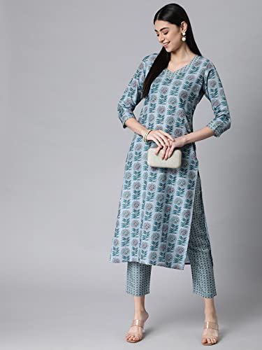 Image of ANNI DESIGNER Women's Cotton Blend Printed Straight Kurta With Pant