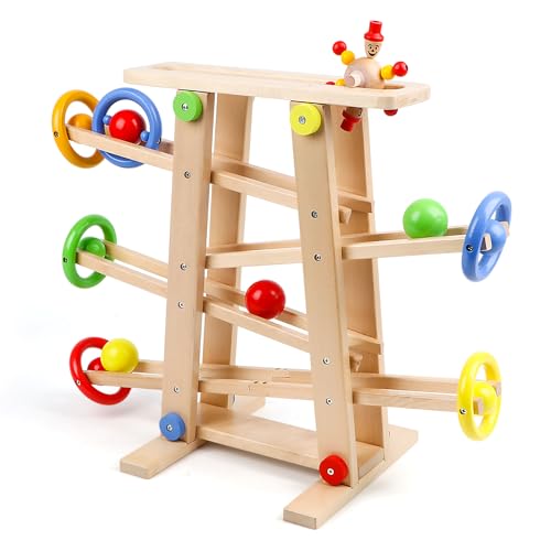 Qilay Wooden Wooden Race Track Toddler Toys for 1-3 Year Old Boy and Girl, Wooden Car Ramp Racer Toy Vehicle Set with 4 Balls & 5 Race Tracks, Great Educational Montessori Toys for Kids Boys Girls