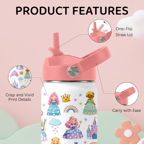 Image of Princesses Water Bottle for Daughter, Stainless Steel Insulated Tumbler with Straw Lid and Handle, 12oz Reusable Leak-Proof Bottle for Sports