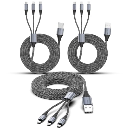 Image of FEEL2NICE 3 in 1 Multi Charging Cable, 3-Pack 6 FT Multiple Device Charger Cord with USB C, Lightning and Micro USB Plugs for iPhone 17 16 15 14, Android Phones and Tablets, Gray