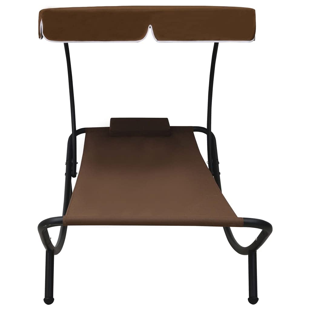 Lettino prendisole con tettuccio parasole e cuscino, marrone, resistente alle intemperie, in tessuto Oxford, 200 x 90 x 112 cm, con telaio in acciaio, per giardino, terrazza, balcone, esterno