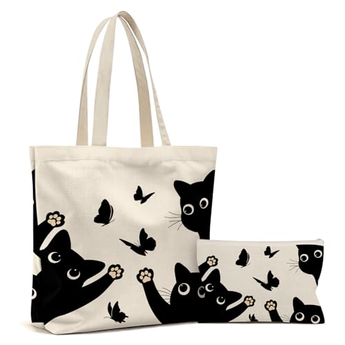 Wazzio Black Cat Gifts for Women with 2 Pcs Reusable Grocery Canvas Bag with Makeup Bag, Birthday Gifts for Cat Lovers Women Wife Sister, Cats Theme Gift for Shopping Gym Travel Vacation Work
