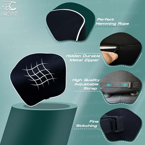 Image of Carigiri CurvaRest Car Neck Rest Pillow|1 Year Warranty|Memory Foam Neck Pillow| Seat Headrest Cushion| Car Neck Pillow for Neck Pain Relief in Office,Driving(Medium,Black,White Hemming,Pack of 1)