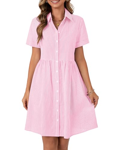 Image of Rooscier Women's Striped Shirt Dress Button Down Collared Short Sleeve Mini Dress