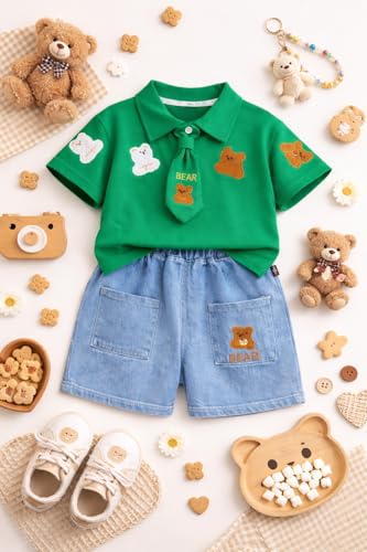 Image of Bold N Elegant Boys Polo T-Shirt and Denim Shorts with Detachable Tie Smart Casual Clothing Set for Kids | Kids Trendy Outfit