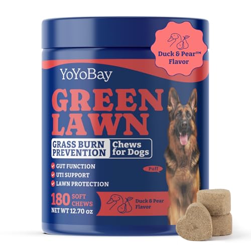 YoYoBay Dog Urine Neutralizer for Lawn - 180 Chews Grass Savers for Dog Urine, Green Grass Dogs Chews with DL-Methionine, Dogs Pee Grass Neutralizer for All Breeds + Ages, Duck & Pear Flavor