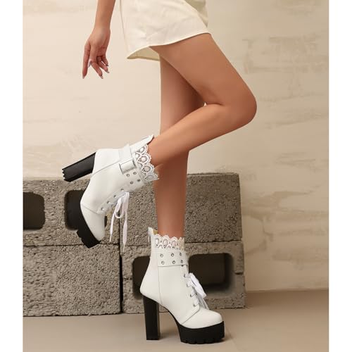Image of MEOTINA Goth Platform Boots Combat Boots Chunky Heel Ankle Booties for Women Punk Buckle Gothic Boot with Zipper Lace Up Dress Shoes Black /White