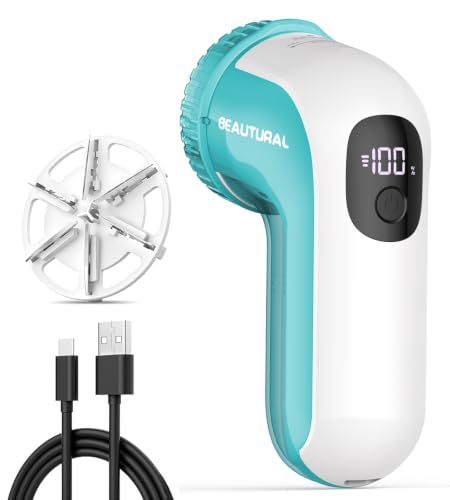 Image of BEAUTURAL Fabric Shaver, Rechargeable Lint Remover, Electric Portable Sweater Defuzzer with 3 Speeds, 6 Leaf Blades, Digital LED Display, Remove Pilling for Clothes, Furniture, Sweater, Couch, Blanket