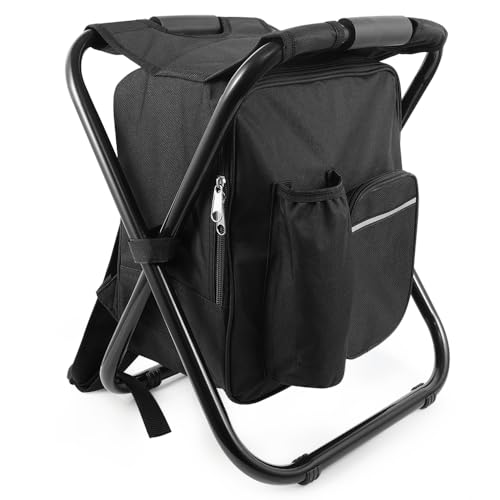 FCFKUK Portable Folding Backpack Stool with Cooler Compartment, Black