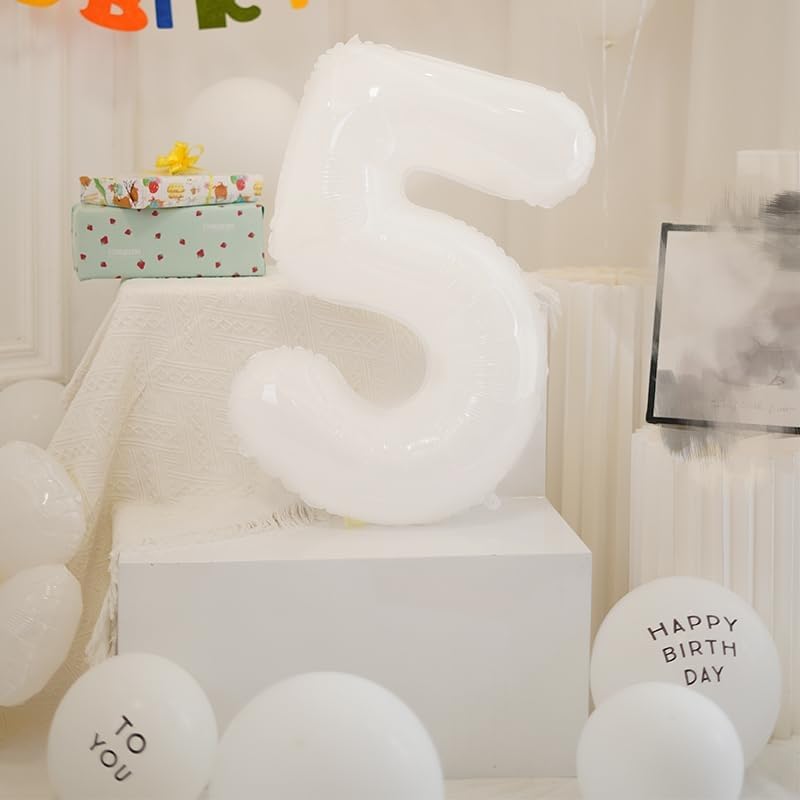 Image of Number Balloons 5 Balloon White for 5th Birthday Party Decorations, 40 inch | Saturated Color, Large 40 inch, With Inflation Straw & Hanging Hole, Great for Bridal Party, Wedding, Thanksgiving, Christmas