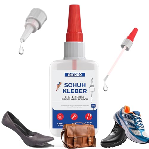 GH1200 (2-in-1 Schuhkleber Extra stark wasserfest mit Pinselapplikator und Düse Lederkleber mit feinen Pinselborsten repariert Stiefel High Heels und mehr hält extremen Bedingungen stand