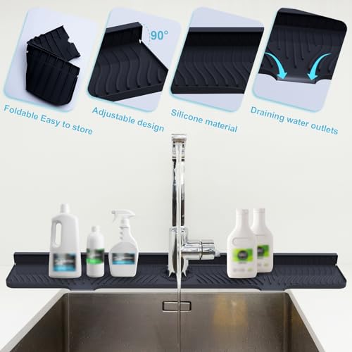 Image of Derlights 33 inch Sink Splash Guard Mat, Silicone Faucet Handle Drip Catcher Tray, Longer Silicone Sink Mat for KitchenBathroom, Drip Protector Splash Countertop (Black)