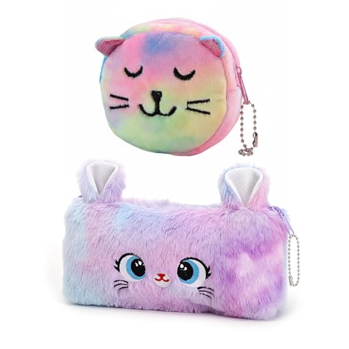 VYNZOR Estuches de Felpa Arcoíris,Cartucheras Pinturas para Niñas,Lindo Estuche de Arcoíris,Cartucheras de Gran Capacidad,Estuches de Papelería Lindos y Espaciosos,petit porte-monnaie en forme de chat