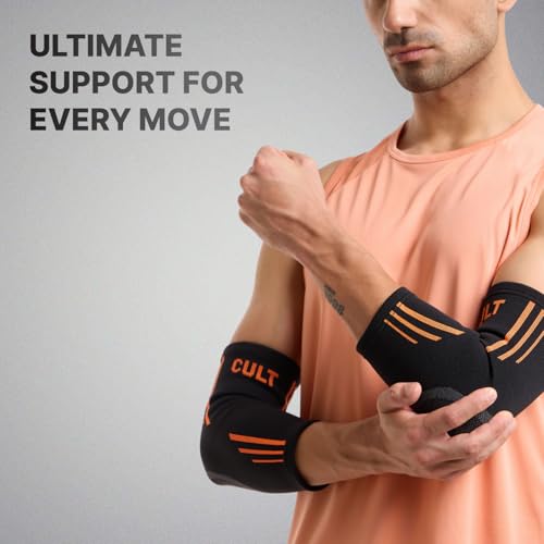 Image of CULT Elbow Support Pair for Gym & Sports - Compression Elbow Band for Pain Relief & Injury Recovery - Non-Slip, Breathable, Sweat-Absorbent - For Men & Women, Black, Medium