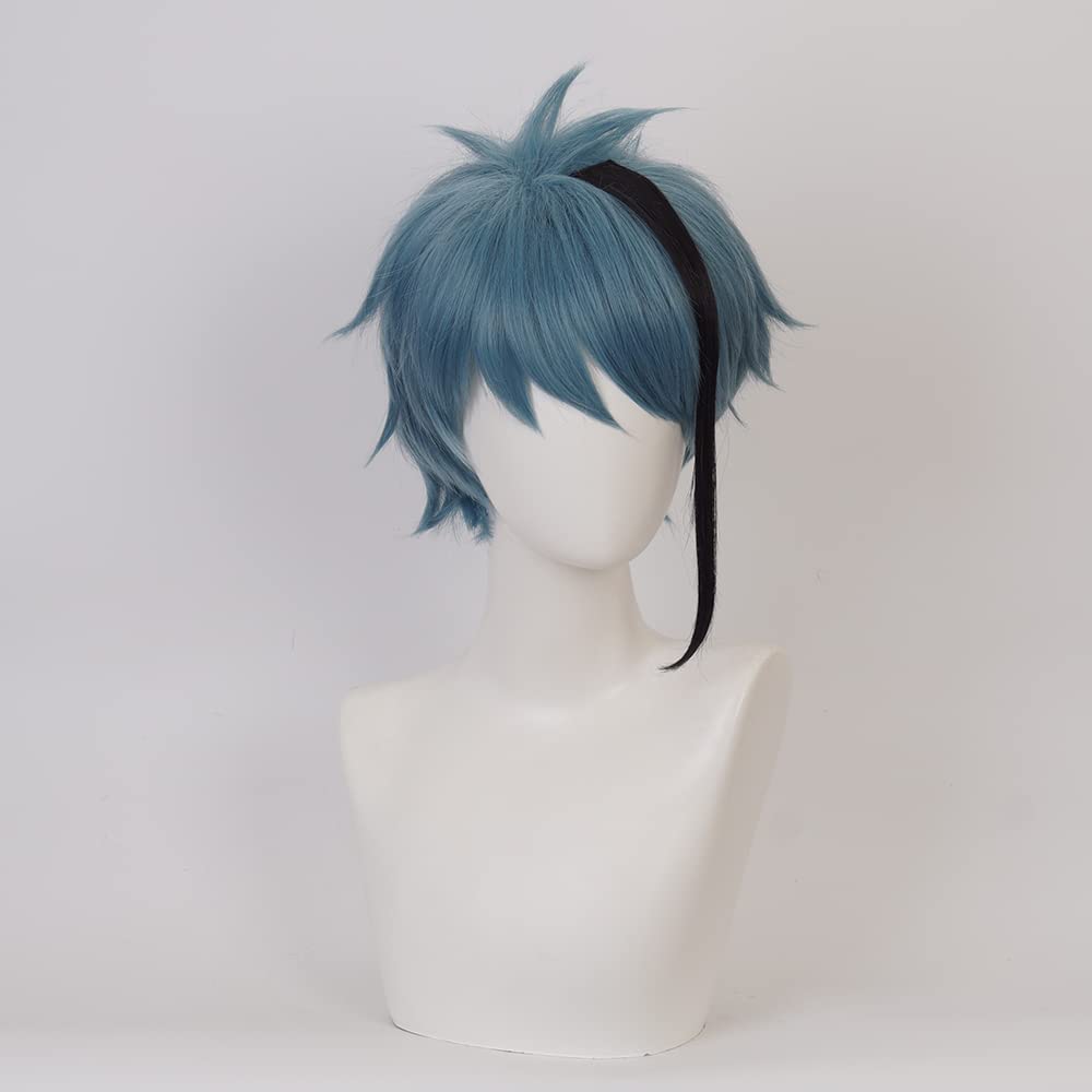Dark Blue Left Highlight Black Short Wig Heat Resistant Synthetic Universal Costume Hairs for Women Men Halloween Chiristmas Comic Con Replacement Wigs - Image 3
