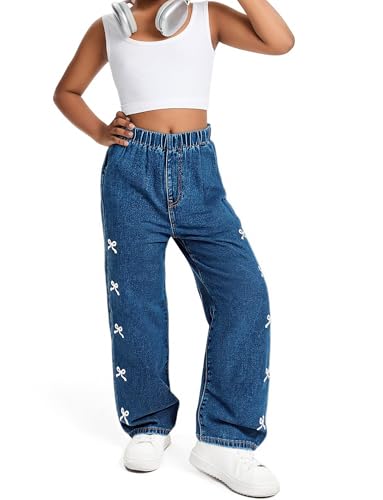 Happy Cherry Kids Girls Baggy Jeans Distressed Washed Casual Wide Leg High Waist Elastic Band Denim Pants3