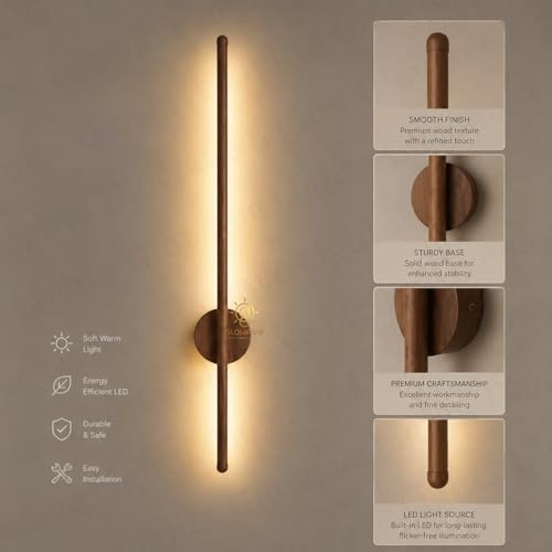 Image of Glowave Modern Wooden LED Wall Light for Bedroom, Living Room & Bedside - Tricolour (Warm White, White, Natural White) - 600MM - Wood Finish