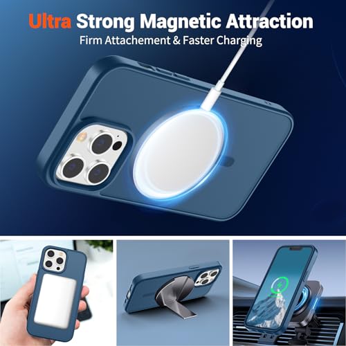Image of SUPFINE Magnetic for iPhone 13 Pro Case with Screen Protector (Compatible with MagSafe) (Military Grade Drop Protection) Translucent Matte Shockproof with Anti-Fingerprint Phone Case,Deep Blue