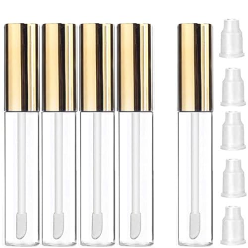 KEAIYYJ- Empty Lip Gloss Tubes with Wand Refillable Containers Bottles Gold 10ml 5-Pack