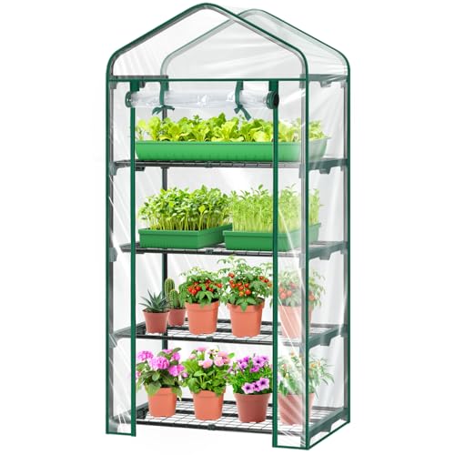 Mini Greenhouse for Outdoors Indoor: 27 x 19 x 62-Inch Ohuhu Small Green House with 4 Tier Shelves Portable Plastic Greenhouses with Heavy Duty Transparent PVC Cover for Seedling Patio Porch Balcony