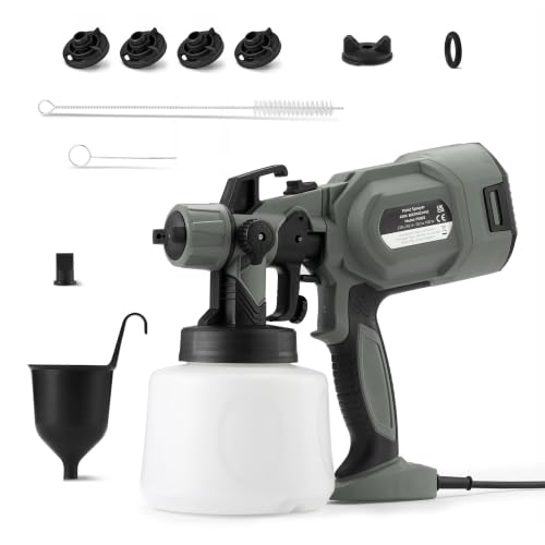 Amazon Basics Pistola Pulverizadora Eléctrica 700W con Depósito de 1.200ml, 4 Boquillas y 3 Modos de Pulverización, para Interior y Exterior, Gris