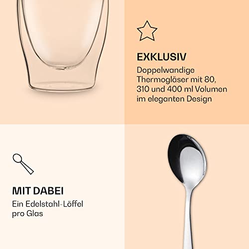 DUOS® Jumbo 6er Set Latte Macchiato Doppelwandige Gläser - 2x 80ml + 2x 310ml + 2x 410ml + 6x Löffel, Kaffeegläser für Cappuccino & Latte Macchiato