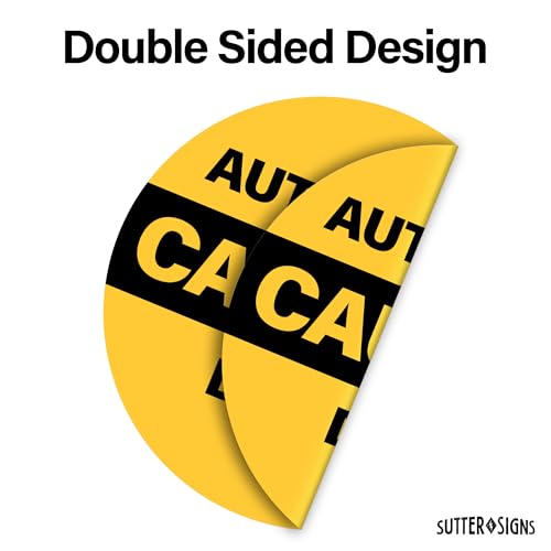 2pk Caution Automatic Door Stickers | Double Sided Signs for Sliding Glass Doors | Weatherproof Vinyl Safety Screen Door Decals, 6\" Diameter